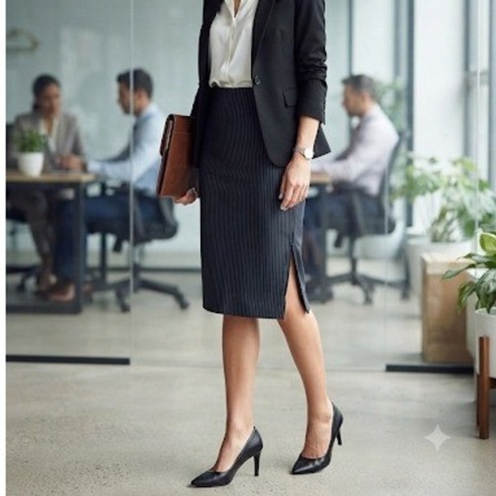 Hybrid Black White Pinstripe Pencil Skirt Side Slit 10 Vintage Corporate Goth